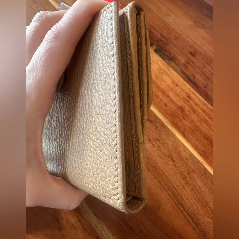 Gucci Beige Trifold Wallet with Gold Accent with gold Chain, Box and Dust Bag